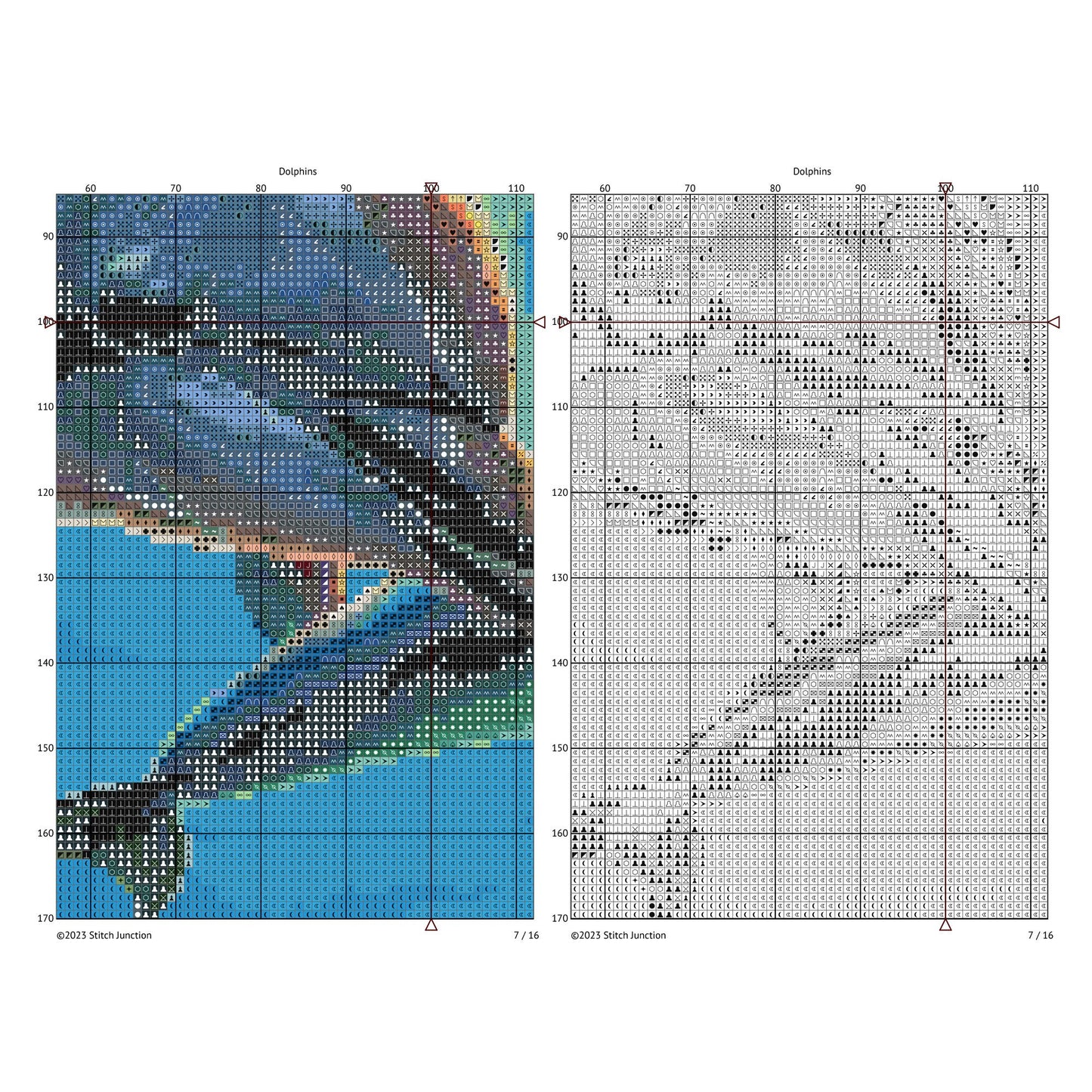 Counted cross stitch symbol chart preview for Dolphin digital PDF pattern with clear grid and stitching symbols.
