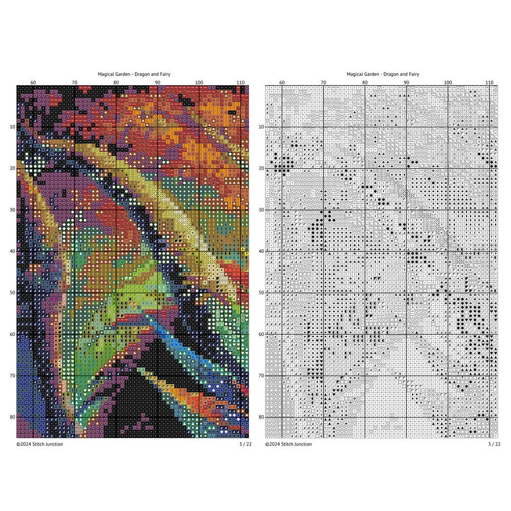 Dragon and Fairy Cross Stitch Pattern digital download chart preview with colour symbols and black-and-white symbol chart for printable counted cross stitch.
