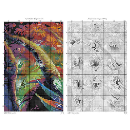 Dragon and Fairy Cross Stitch Pattern digital download chart preview with colour symbols and black-and-white symbol chart for printable counted cross stitch.