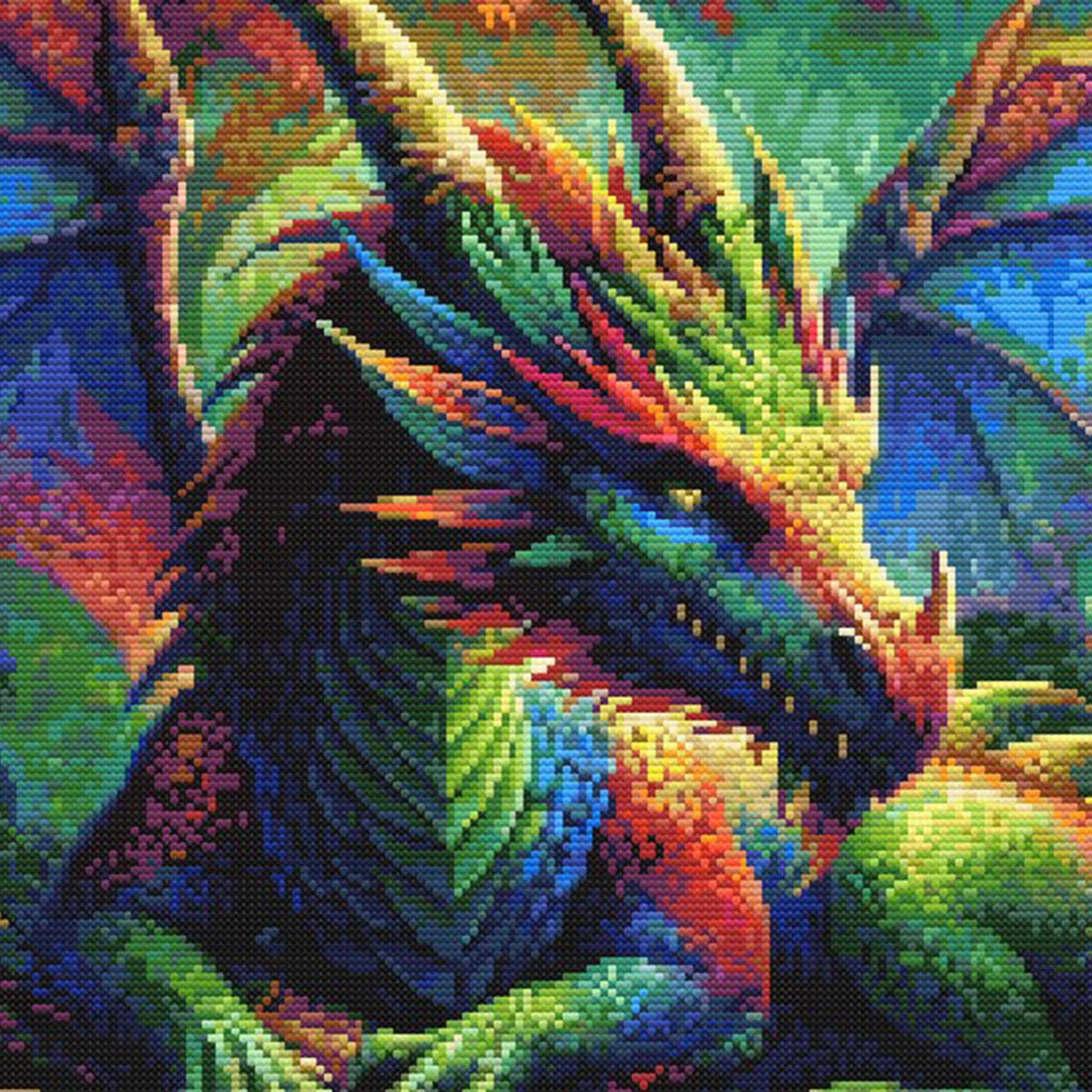Close-up of Dragon and Fairy Cross Stitch Pattern showing the dragon’s face, colourful scales, glowing eyes, and visible counted cross stitch texture.