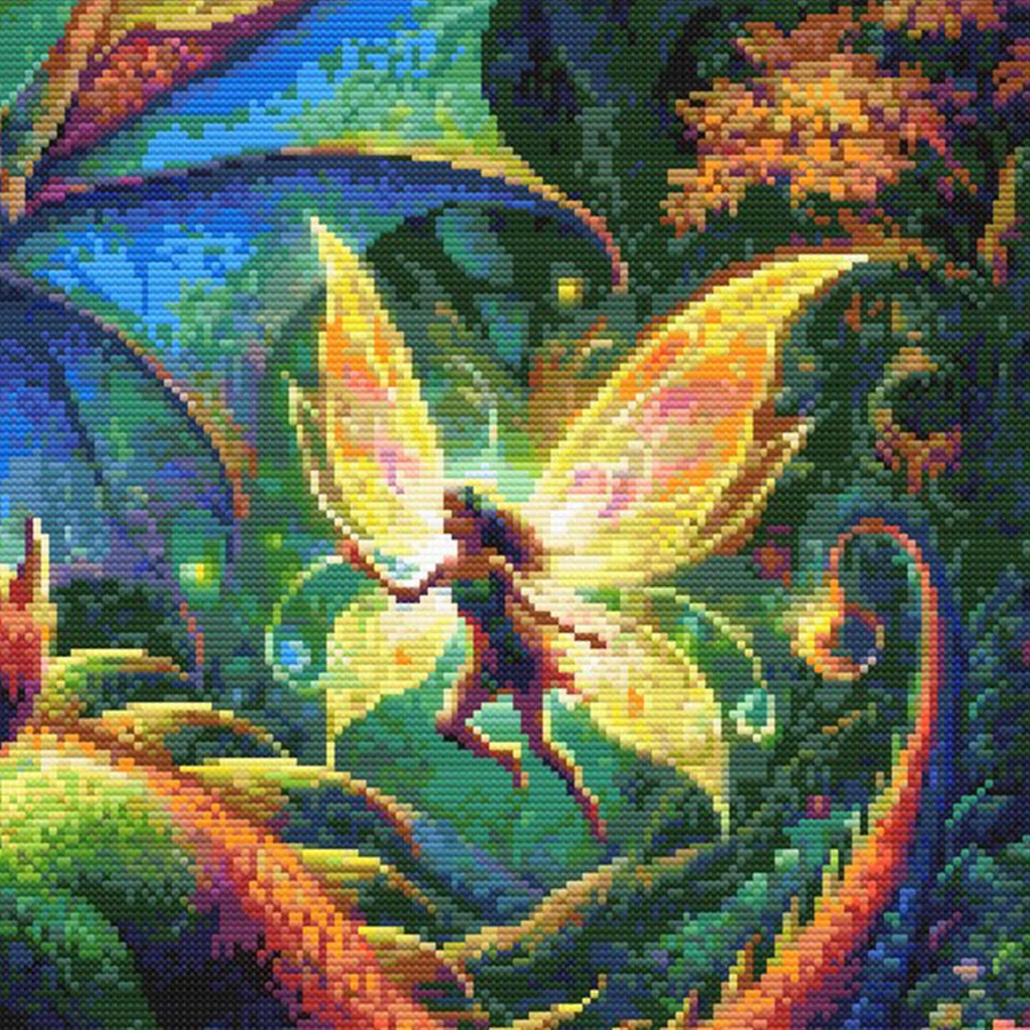 Close-up of Dragon and Fairy Cross Stitch Pattern showing a glowing fairy, dragon wing detail, colourful light effects, and magical fantasy styling.