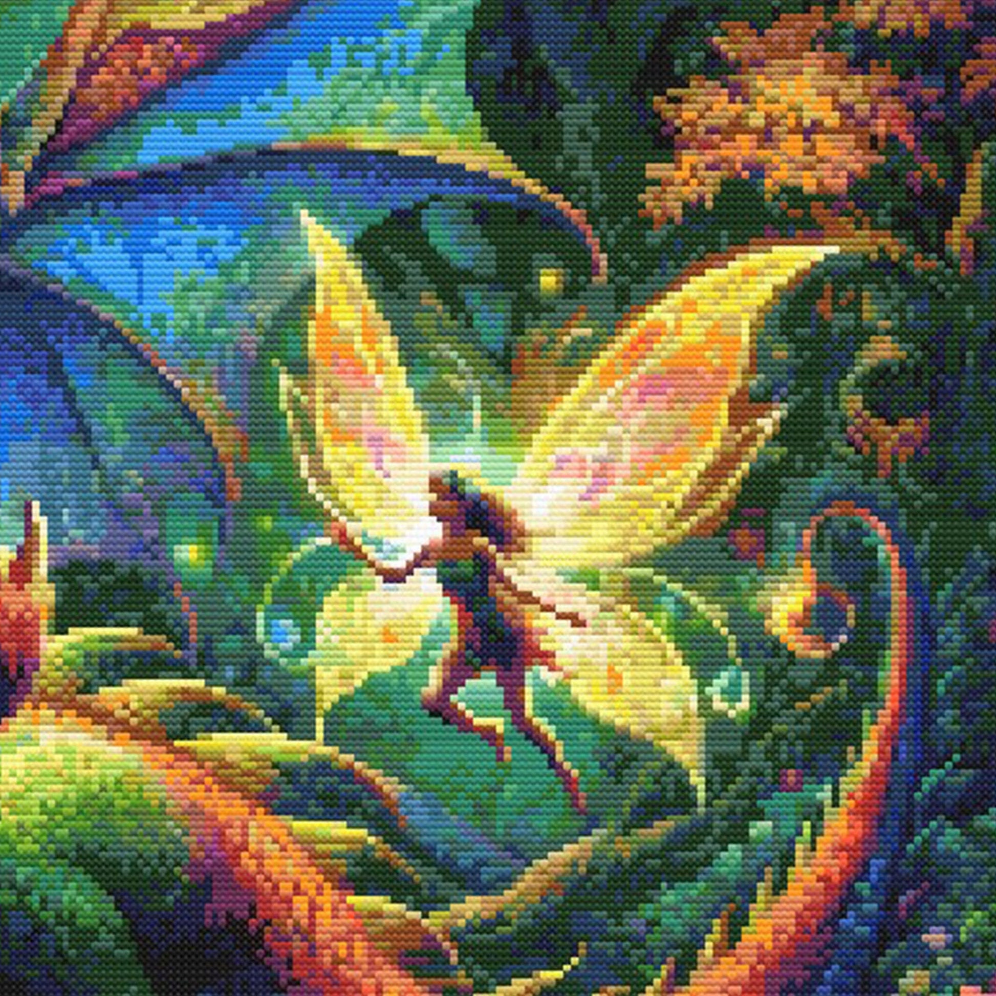 Close-up of Dragon and Fairy Cross Stitch Pattern showing a glowing fairy, dragon wing detail, colourful light effects, and magical fantasy styling.