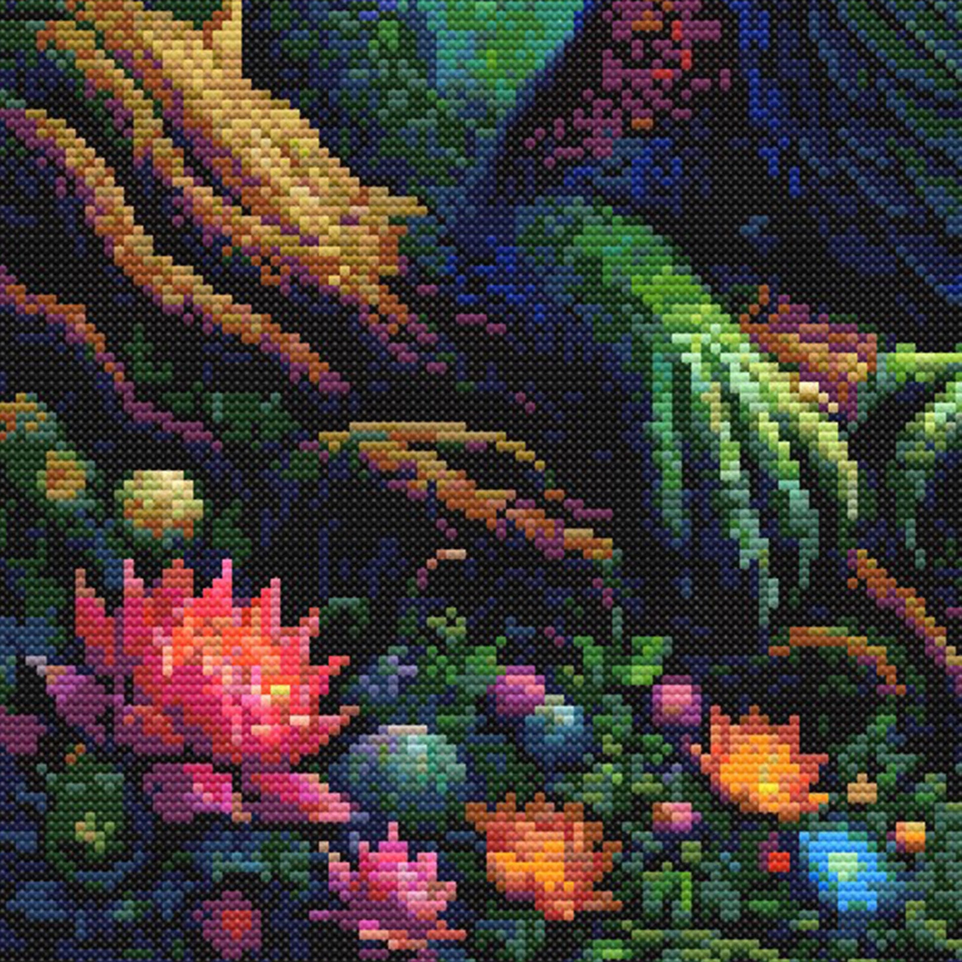Close-up of Dragon and Fairy Cross Stitch Pattern showing bright flowers, dragon scales, deep fantasy colours, and enchanted forest detail.