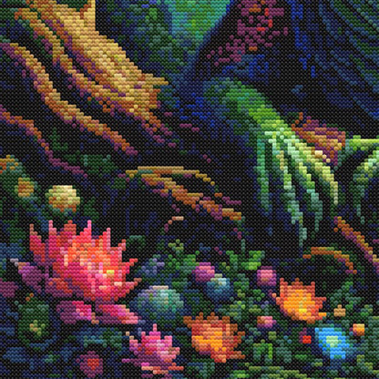 Close-up of Dragon and Fairy Cross Stitch Pattern showing bright flowers, dragon scales, deep fantasy colours, and enchanted forest detail.