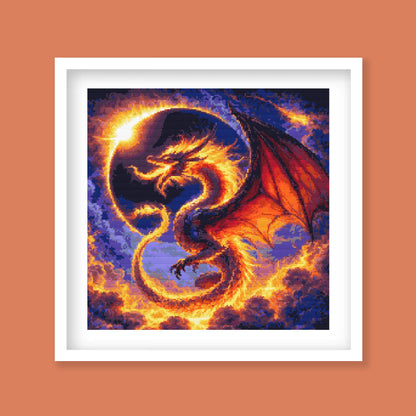 Dragon Solar Eclipse Cross Stitch Pattern displayed in a black frame as dark fantasy wall art with a fiery dragon and glowing eclipse.