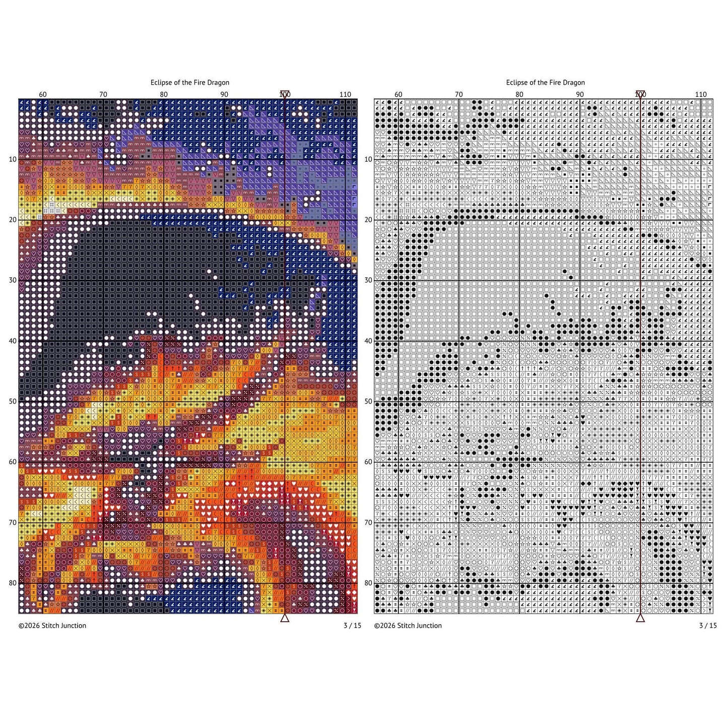 Dragon Solar Eclipse Cross Stitch Pattern digital download chart preview with colour symbols and black-and-white symbol chart for printable counted cross stitch.