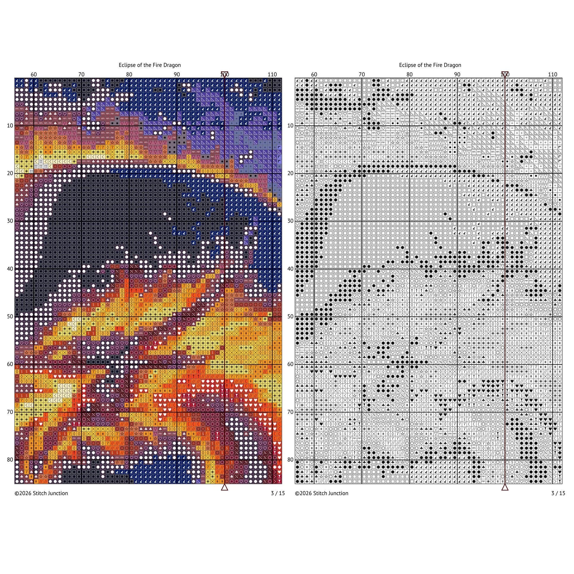 Dragon Solar Eclipse Cross Stitch Pattern digital download chart preview with colour symbols and black-and-white symbol chart for printable counted cross stitch.
