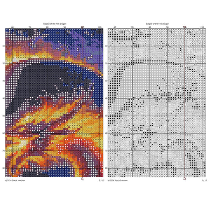 Dragon Solar Eclipse Cross Stitch Pattern digital download chart preview with colour symbols and black-and-white symbol chart for printable counted cross stitch.