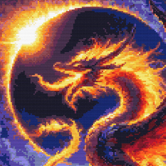 Close-up of Dragon Solar Eclipse Cross Stitch Pattern showing the dragon silhouette, glowing eclipse ring, fiery sky, and visible counted cross stitch texture.