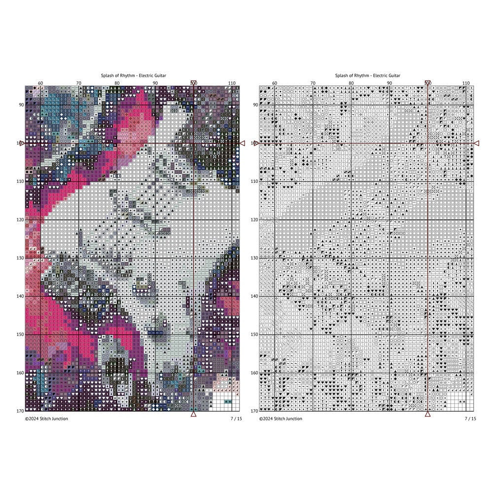 Electric Guitar Cross Stitch Pattern digital download chart preview with colour symbols and black-and-white symbol chart for printable counted cross stitch.