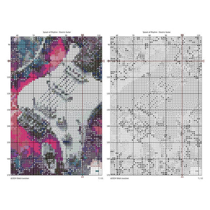 Electric Guitar Cross Stitch Pattern digital download chart preview with colour symbols and black-and-white symbol chart for printable counted cross stitch.