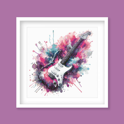 Electric Guitar Cross Stitch Pattern displayed as framed wall art with a colourful electric guitar, paint splash detail, and music-inspired design.