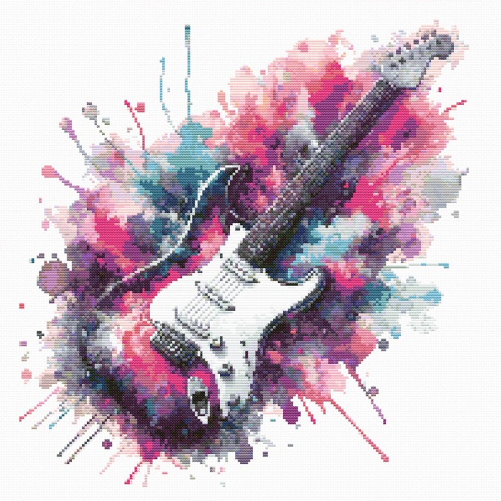 Electric Guitar Cross Stitch Pattern featuring a colourful electric guitar with bold paint splash effects and music-inspired wall art detail.
