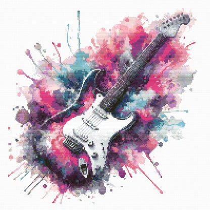 Electric Guitar Cross Stitch Pattern featuring a colourful electric guitar with bold paint splash effects and music-inspired wall art detail.