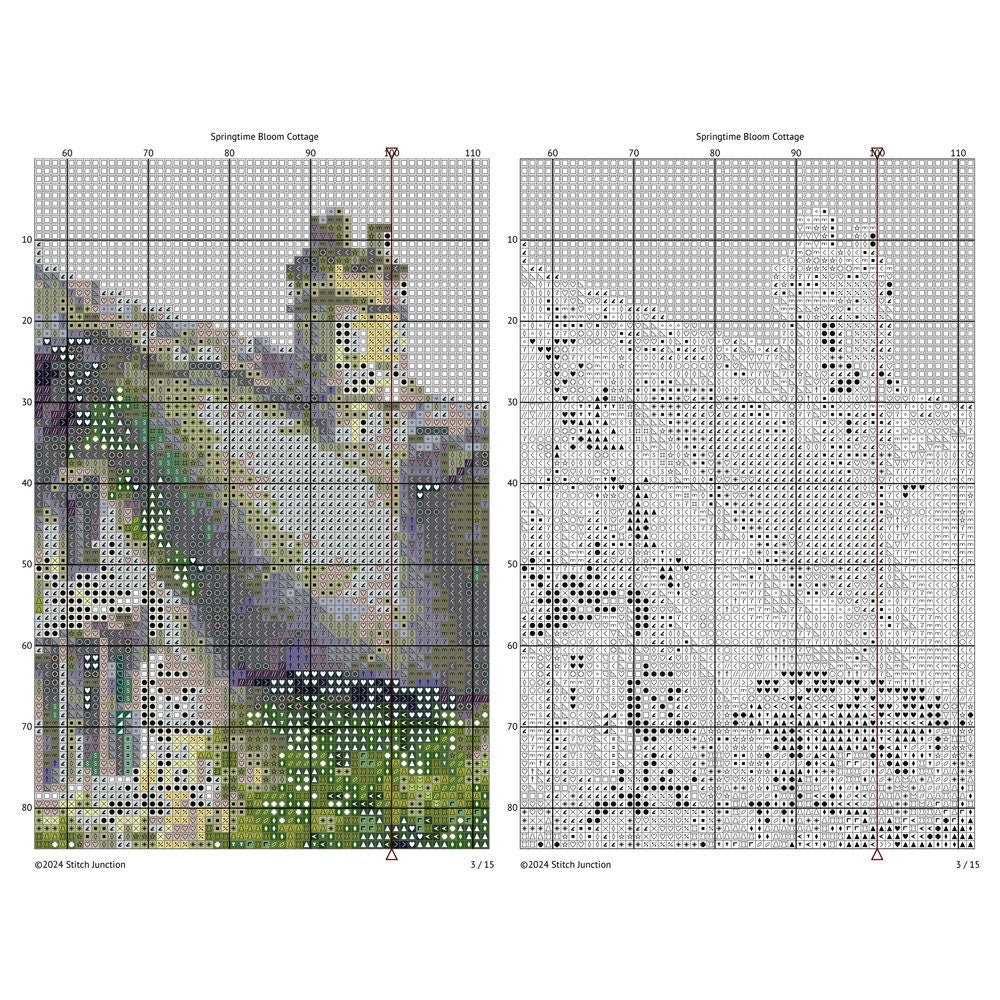Charming English Cottage Cross Stitch Pattern digital download chart preview with colour symbols and black-and-white symbol chart for printable counted cross stitch.