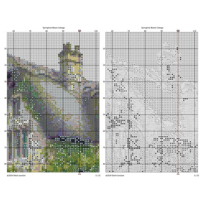 Charming English Cottage Cross Stitch Pattern digital download chart preview with colour symbols and black-and-white symbol chart for printable counted cross stitch.