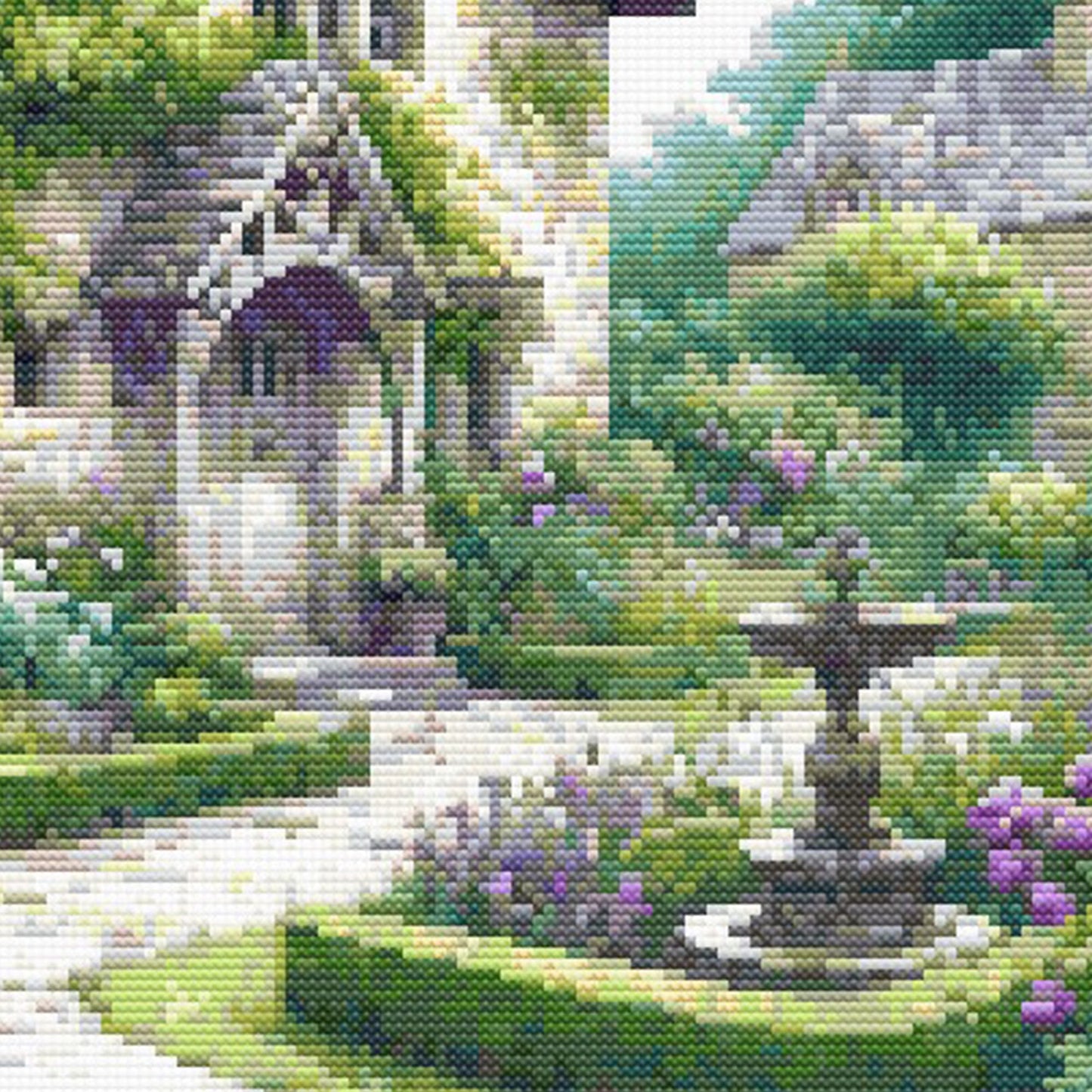 Close-up of Charming English Cottage Cross Stitch Pattern showing the cottage doorway, stone path, lush greenery, and cottage garden detail.