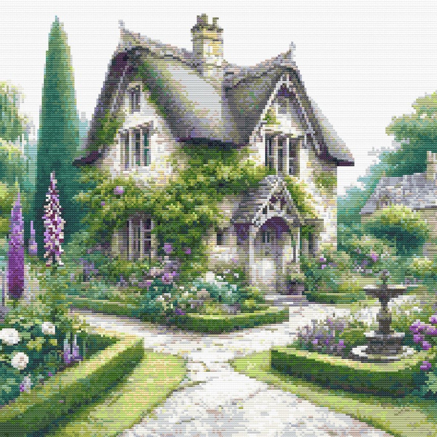 Charming English Cottage Cross Stitch Pattern featuring a classic cottage, formal garden paths, flowering borders, and English countryside styling.