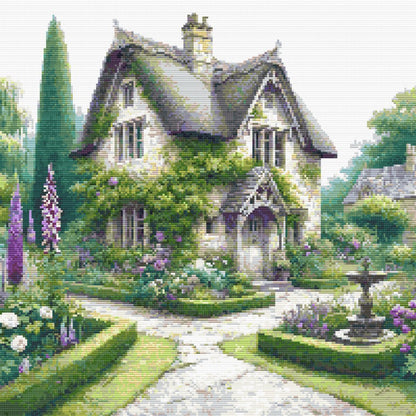 Charming English Cottage Cross Stitch Pattern featuring a classic cottage, formal garden paths, flowering borders, and English countryside styling.