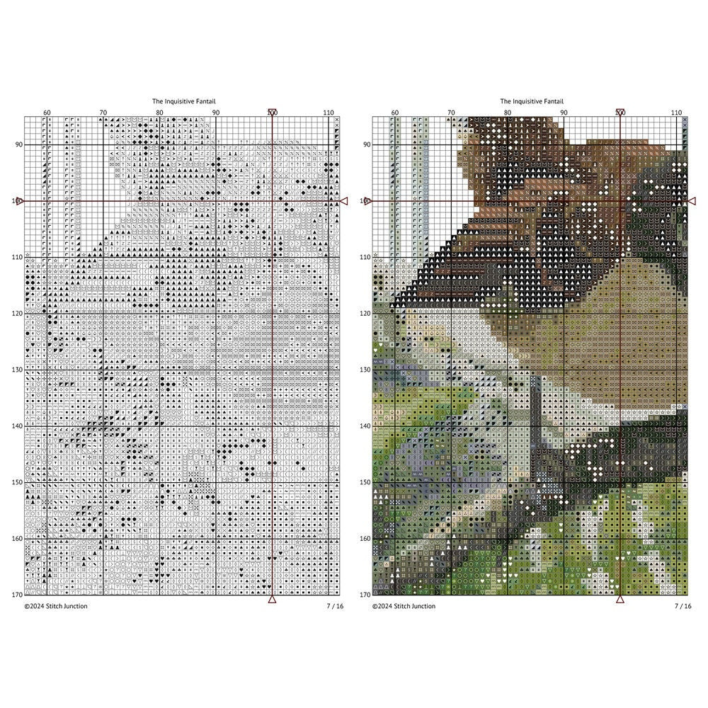 Preview of the Fantail Pīwakawaka counted cross stitch PDF pattern with chart and stitched design.