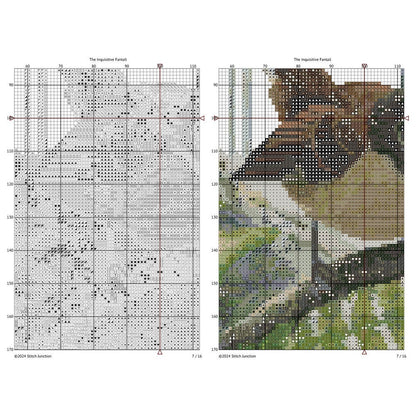 Preview of the Fantail Pīwakawaka counted cross stitch PDF pattern with chart and stitched design.