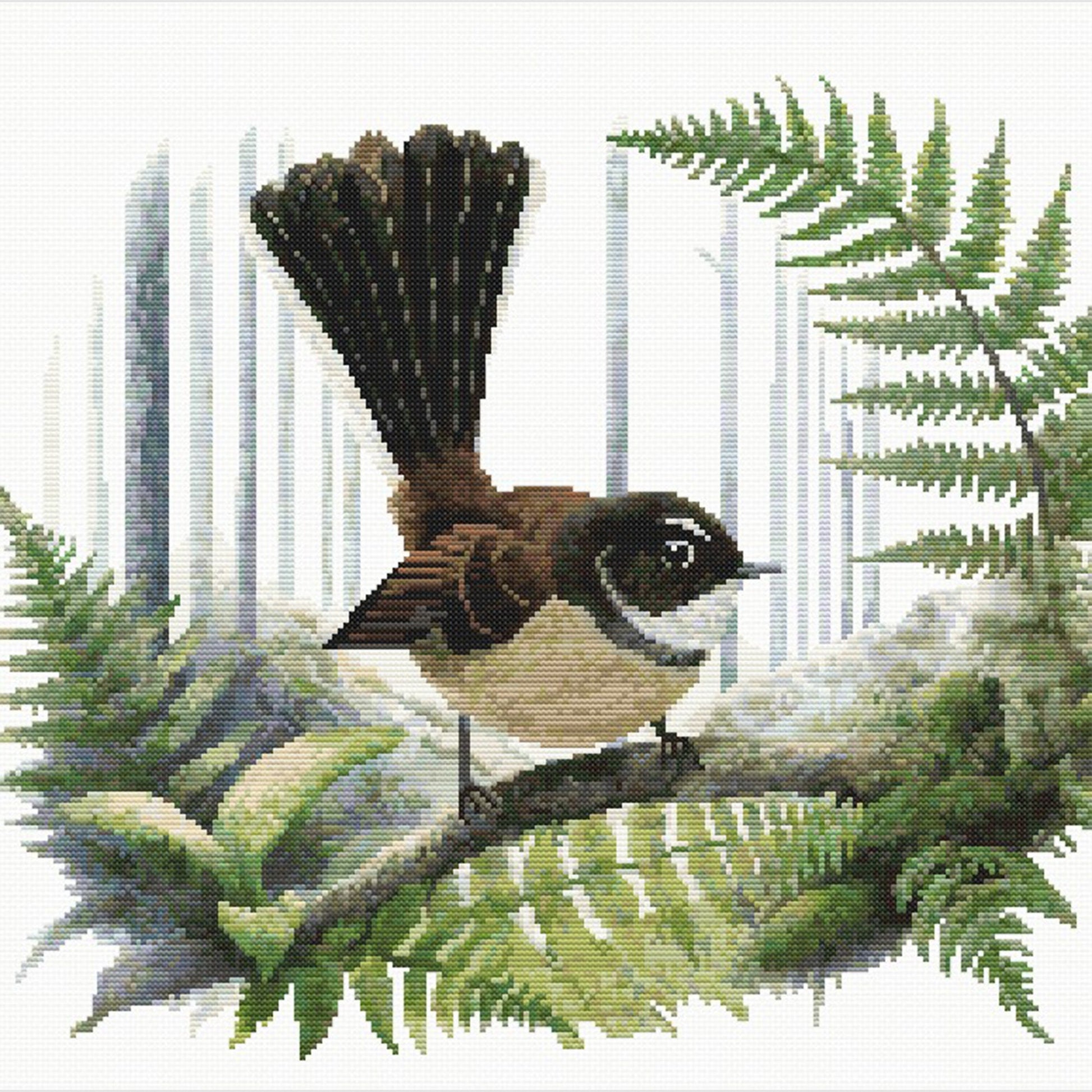 Square preview of the Fantail Pīwakawaka cross stitch pattern featuring a native New Zealand fantail and lush fern foliage.