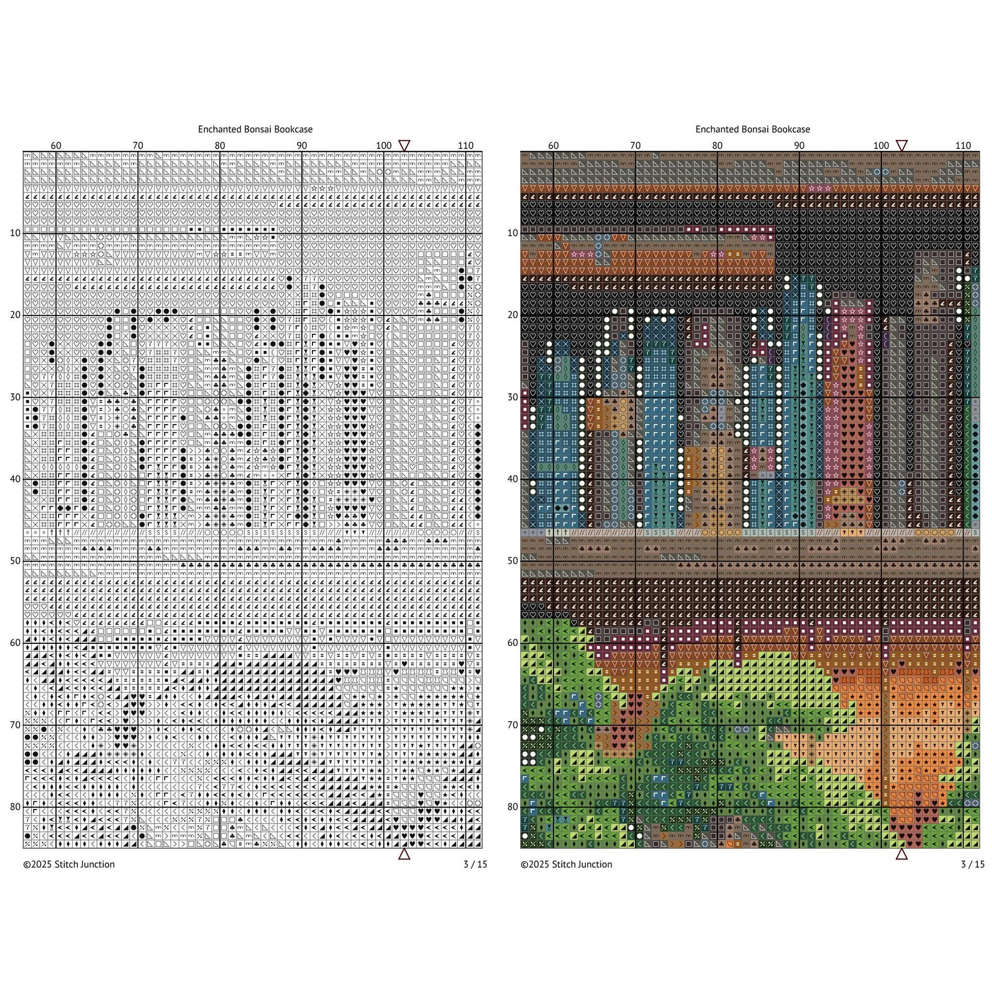 Fantasy Bookshelf Cross Stitch Pattern digital download chart preview with colour symbols and black-and-white symbol chart for printable counted cross stitch.