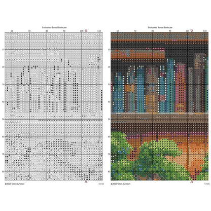 Fantasy Bookshelf Cross Stitch Pattern digital download chart preview with colour symbols and black-and-white symbol chart for printable counted cross stitch.