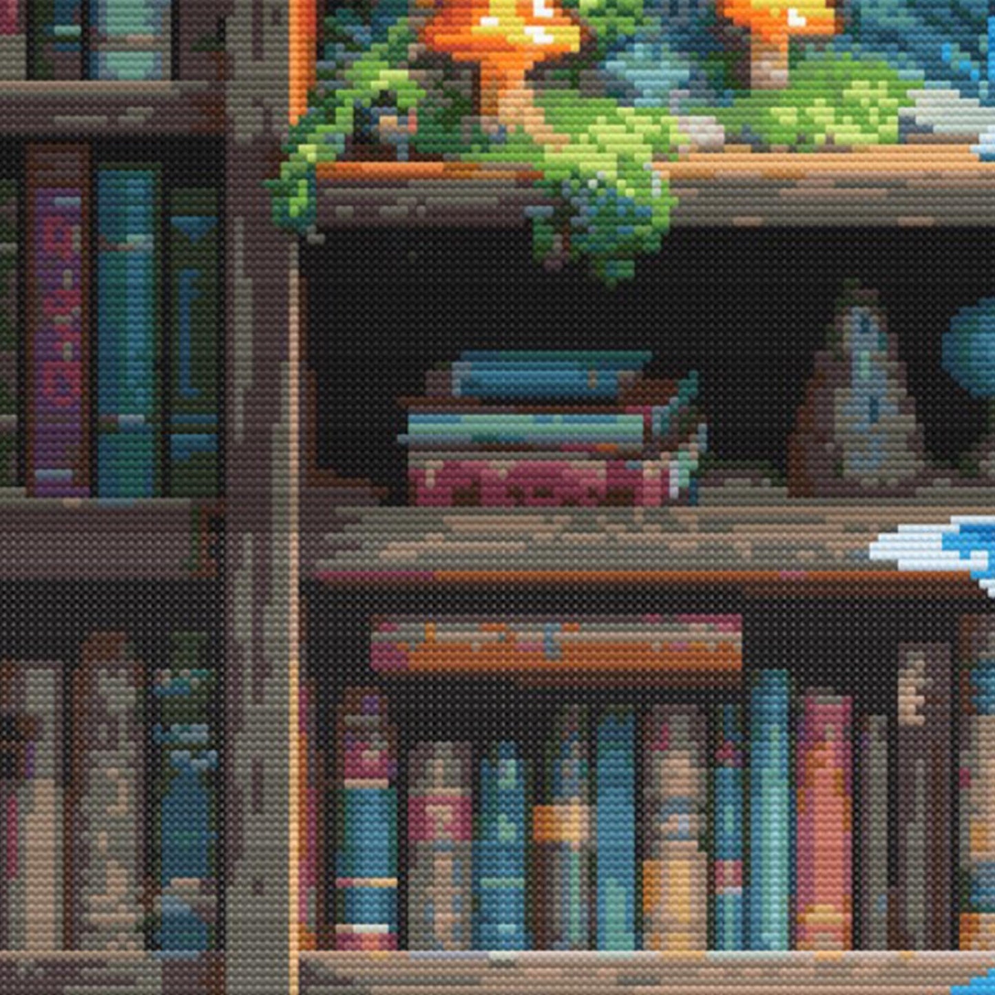 Close-up of Fantasy Bookshelf Cross Stitch Pattern showing bookshelves, stacked books, plants, and warm library detail.