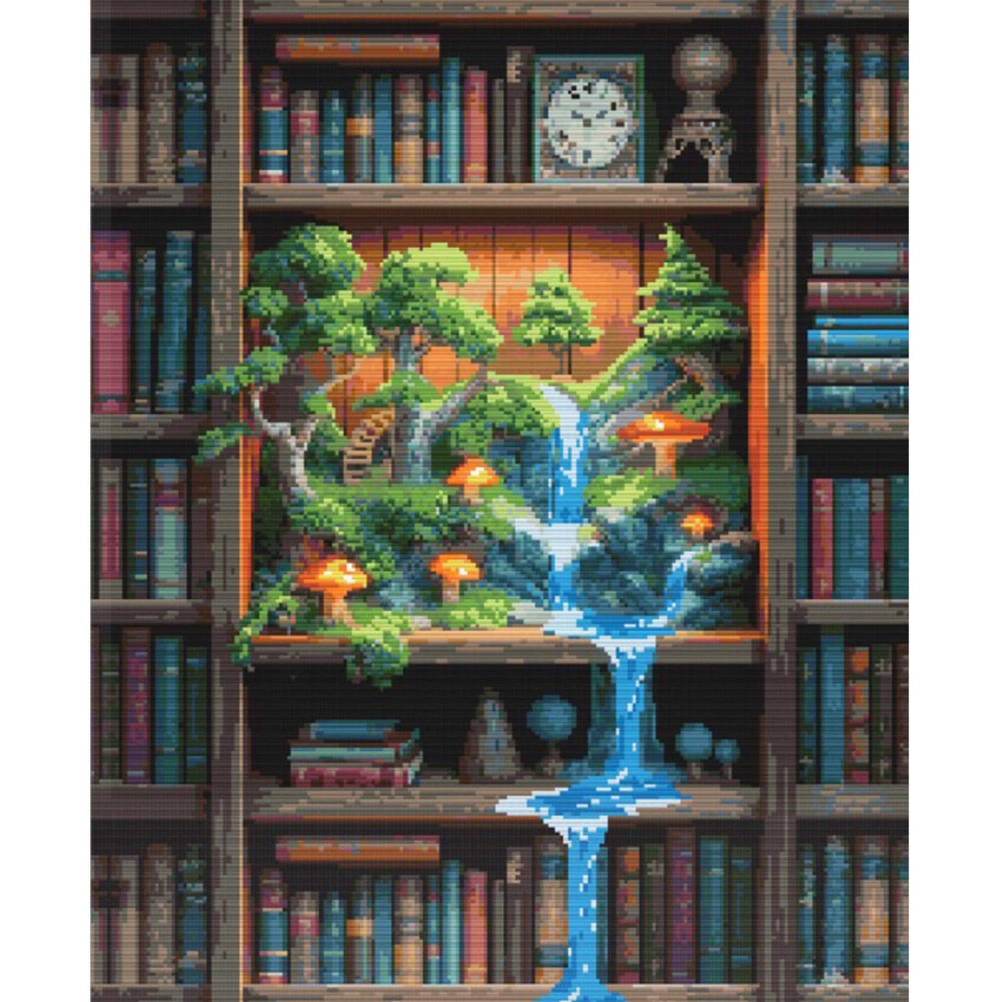 Fantasy Bookshelf Cross Stitch Pattern featuring a magical bookshelf scene with an enchanted waterfall forest, glowing lights, and storybook detail.