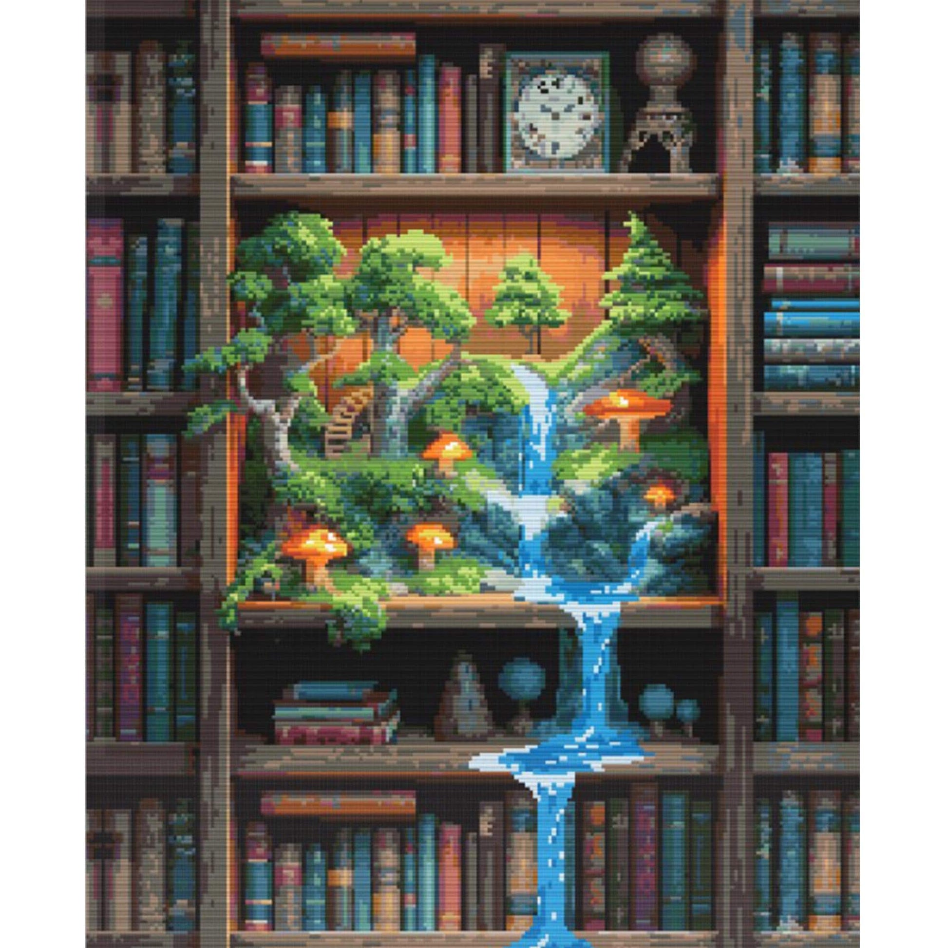 Fantasy Bookshelf Cross Stitch Pattern featuring a magical bookshelf scene with an enchanted waterfall forest, glowing lights, and storybook detail.