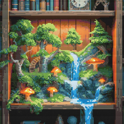 Close-up of Fantasy Bookshelf Cross Stitch Pattern showing an enchanted waterfall, glowing forest scene, books, and fantasy landscape detail.