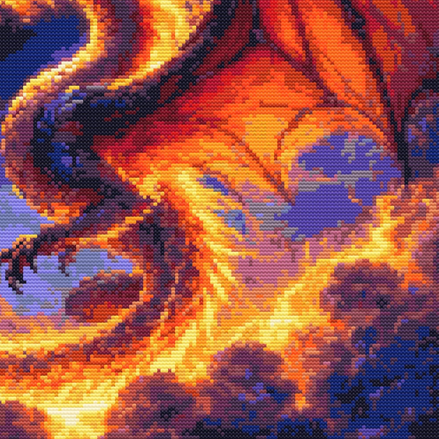 Close-up of Dragon Solar Eclipse Cross Stitch Pattern showing fiery dragon wings, orange flame detail, and dramatic fantasy artwork.