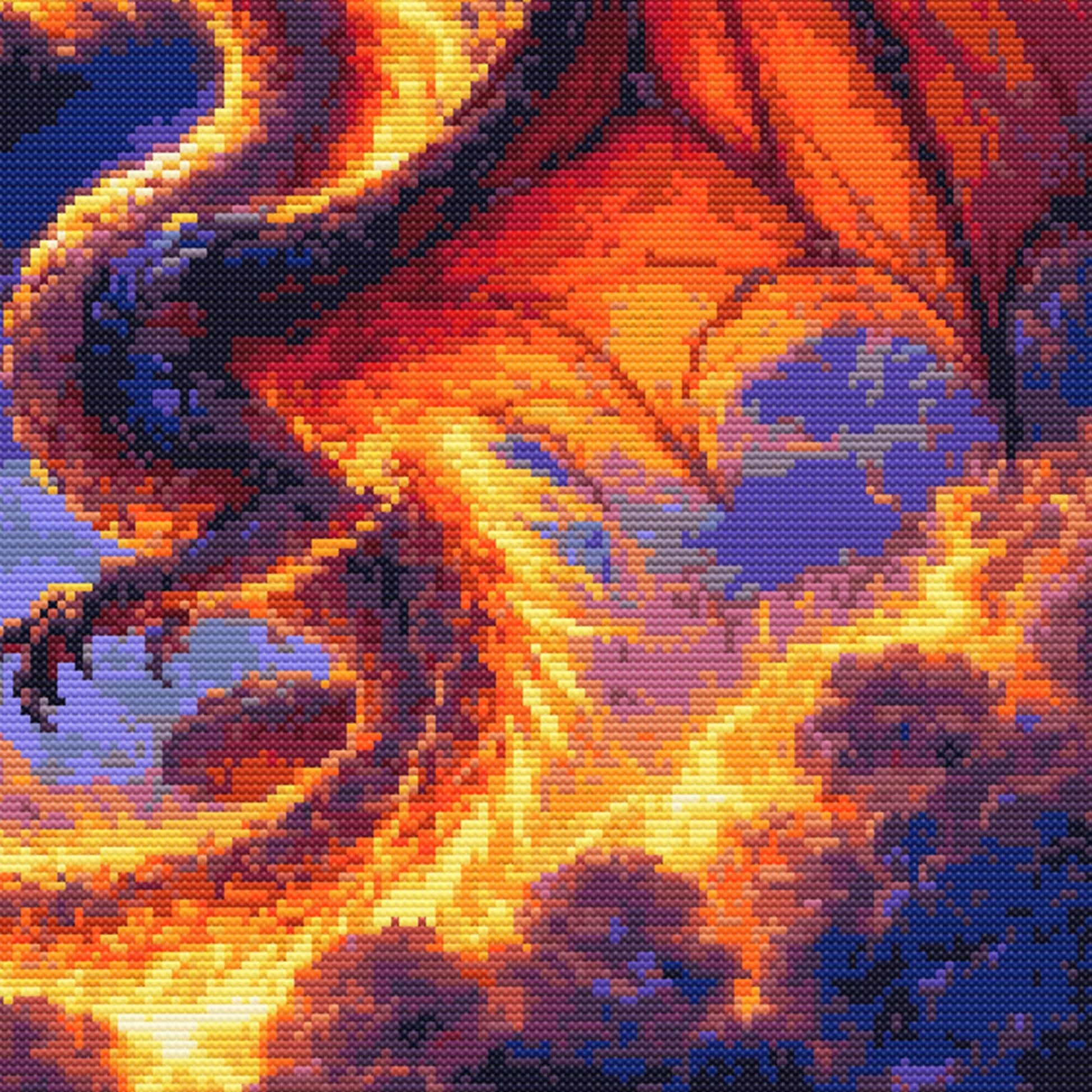 Close-up of Dragon Solar Eclipse Cross Stitch Pattern showing fiery dragon wings, orange flame detail, and dramatic fantasy artwork.