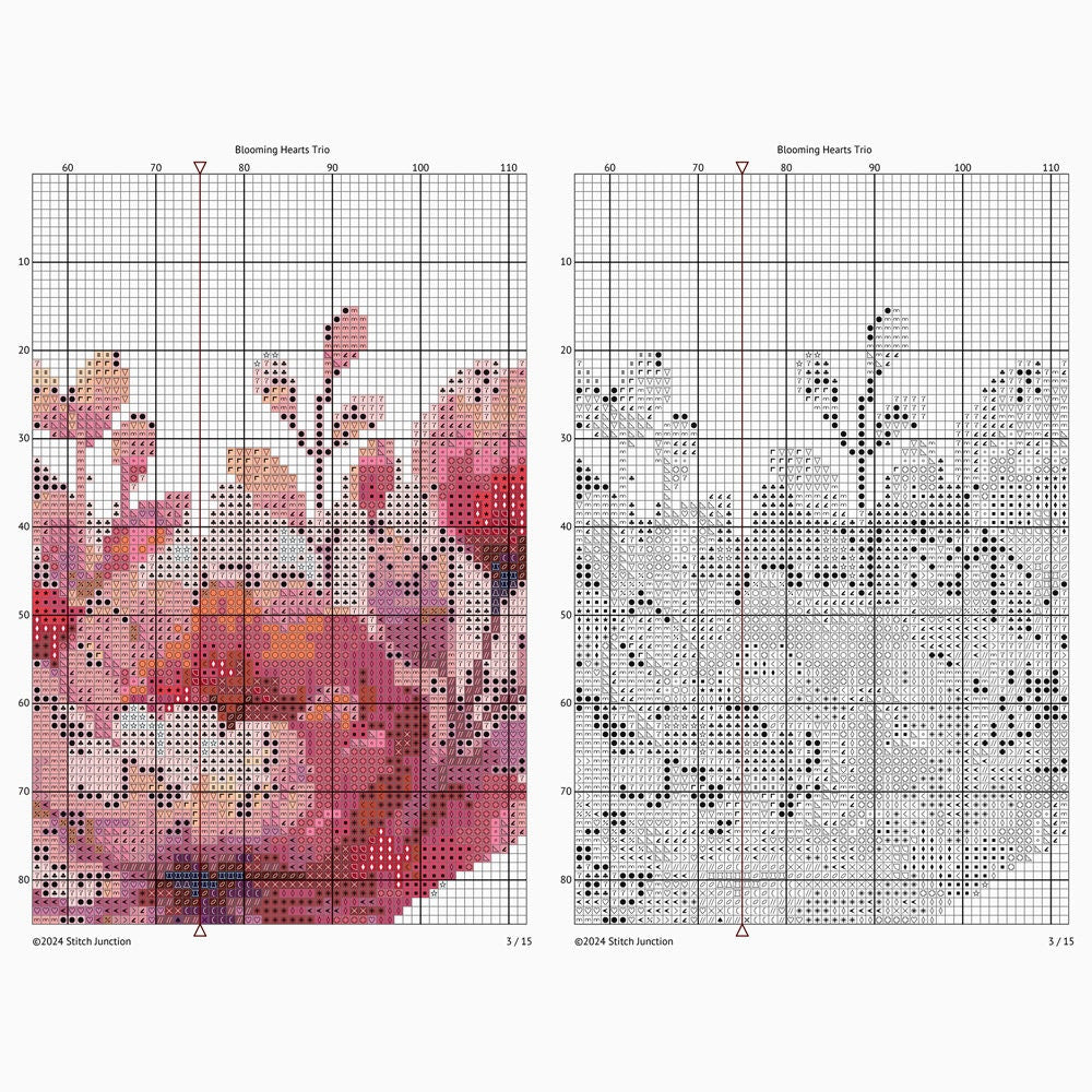 Floral Heart Cross Stitch Pattern Set digital download chart preview with colour symbols and black-and-white symbol chart for printable counted cross stitch.