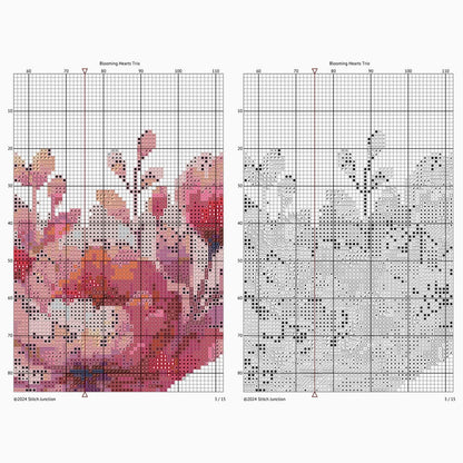 Floral Heart Cross Stitch Pattern Set digital download chart preview with colour symbols and black-and-white symbol chart for printable counted cross stitch.
