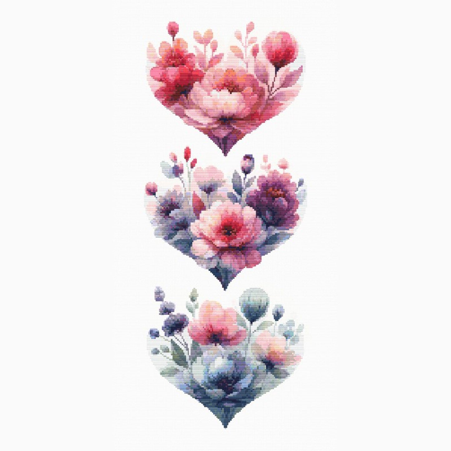 Floral Heart Cross Stitch Pattern Set featuring three stacked floral hearts with pink flowers, soft blue leaves, and romantic botanical styling.