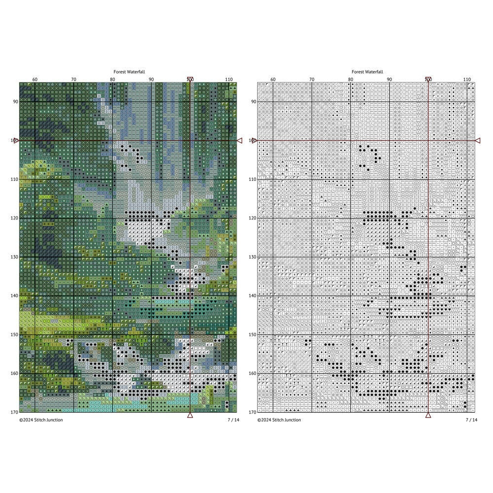 Forest Waterfall Cross Stitch Pattern digital download chart preview with colour symbols and black-and-white symbol chart for printable counted cross stitch.