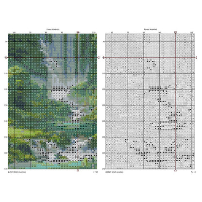 Forest Waterfall Cross Stitch Pattern digital download chart preview with colour symbols and black-and-white symbol chart for printable counted cross stitch.