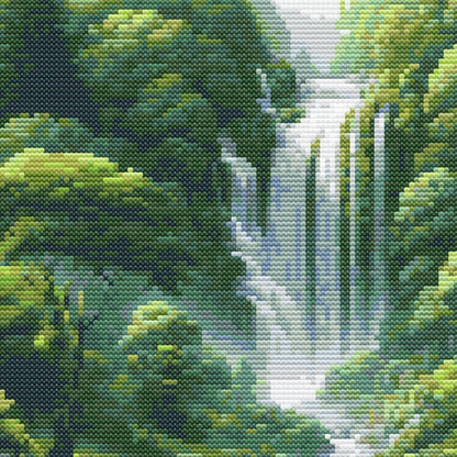 Close-up of Forest Waterfall Cross Stitch Pattern showing flowing waterfalls, dense green trees, misty water, and visible counted cross stitch texture.