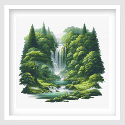 Forest Waterfall Cross Stitch Pattern displayed as framed wall art with cascading waterfalls, lush green forest, river rocks, and peaceful nature detail.