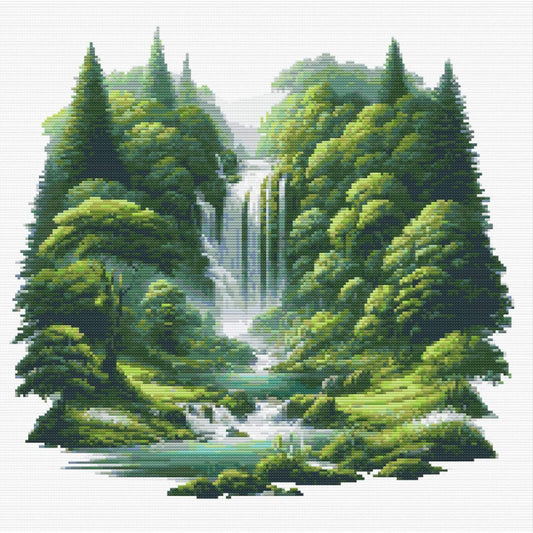 Forest Waterfall Cross Stitch Pattern featuring a peaceful waterfall surrounded by evergreen forest, mossy rocks, and nature-inspired landscape detail.