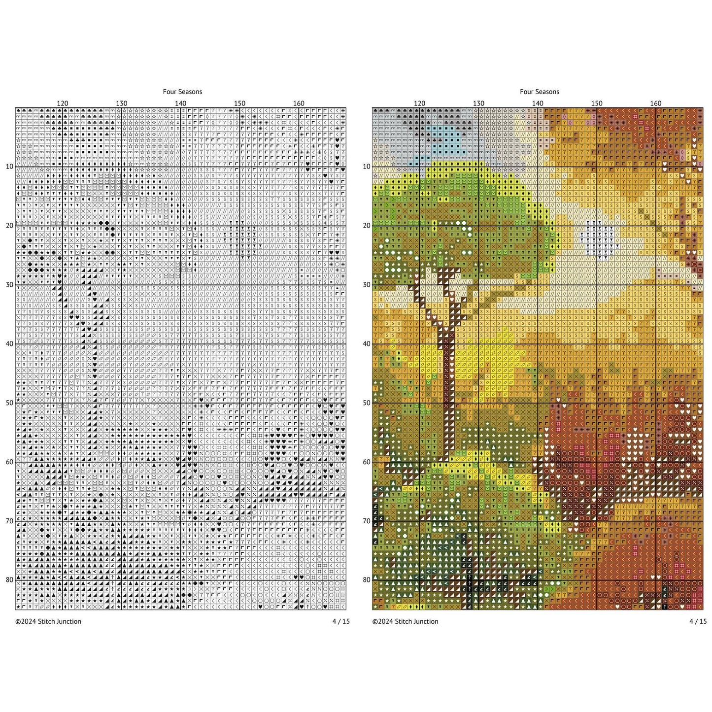 Four Seasons Garden Cross Stitch Pattern digital download chart preview with colour symbols and black-and-white symbol chart for printable counted cross stitch.