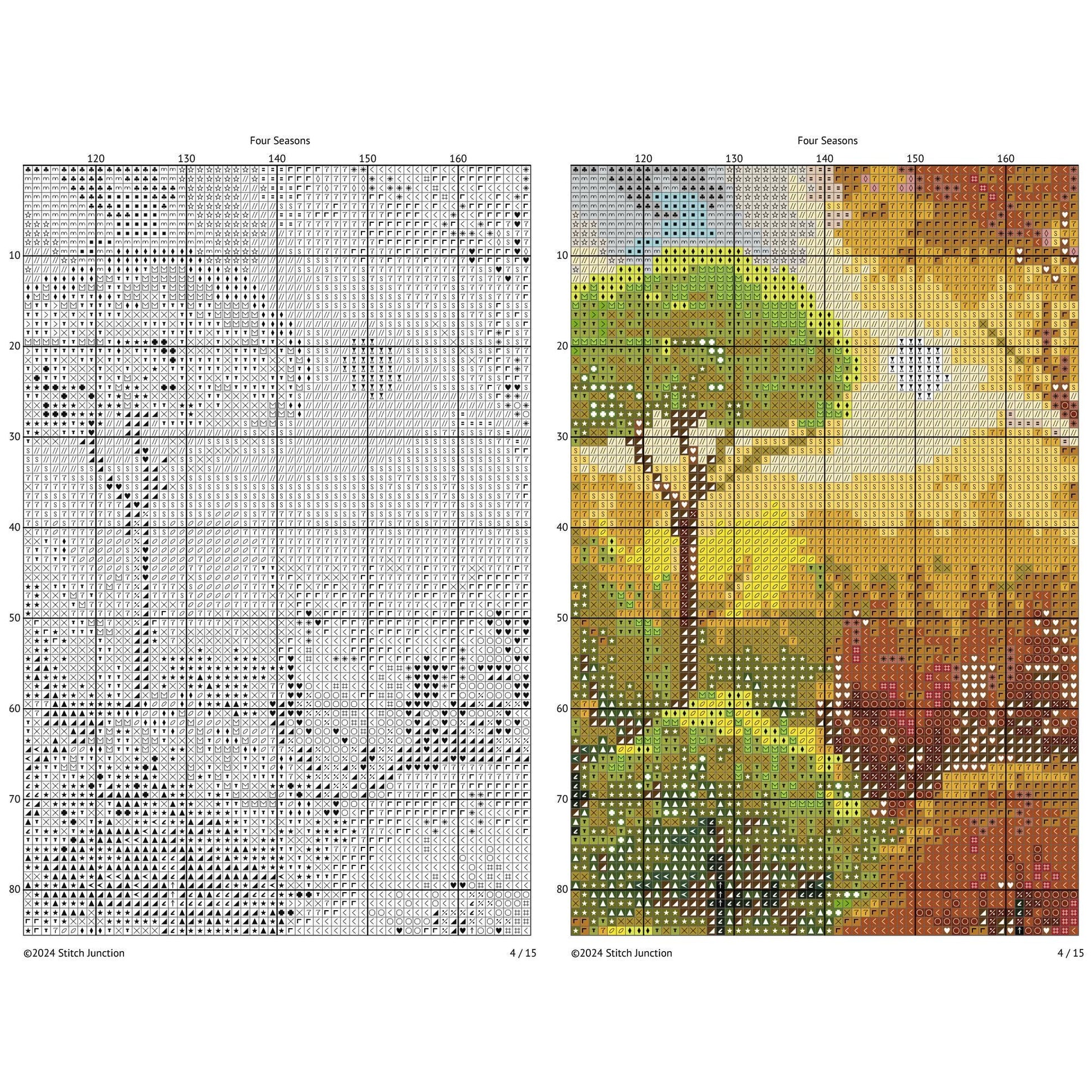 Four Seasons Garden Cross Stitch Pattern digital download chart preview with colour symbols and black-and-white symbol chart for printable counted cross stitch.