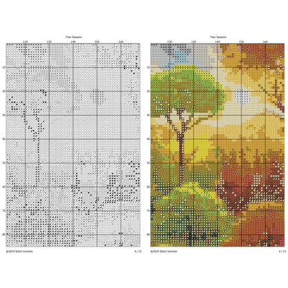 Four Seasons Garden Cross Stitch Pattern digital download chart preview with colour symbols and black-and-white symbol chart for printable counted cross stitch.