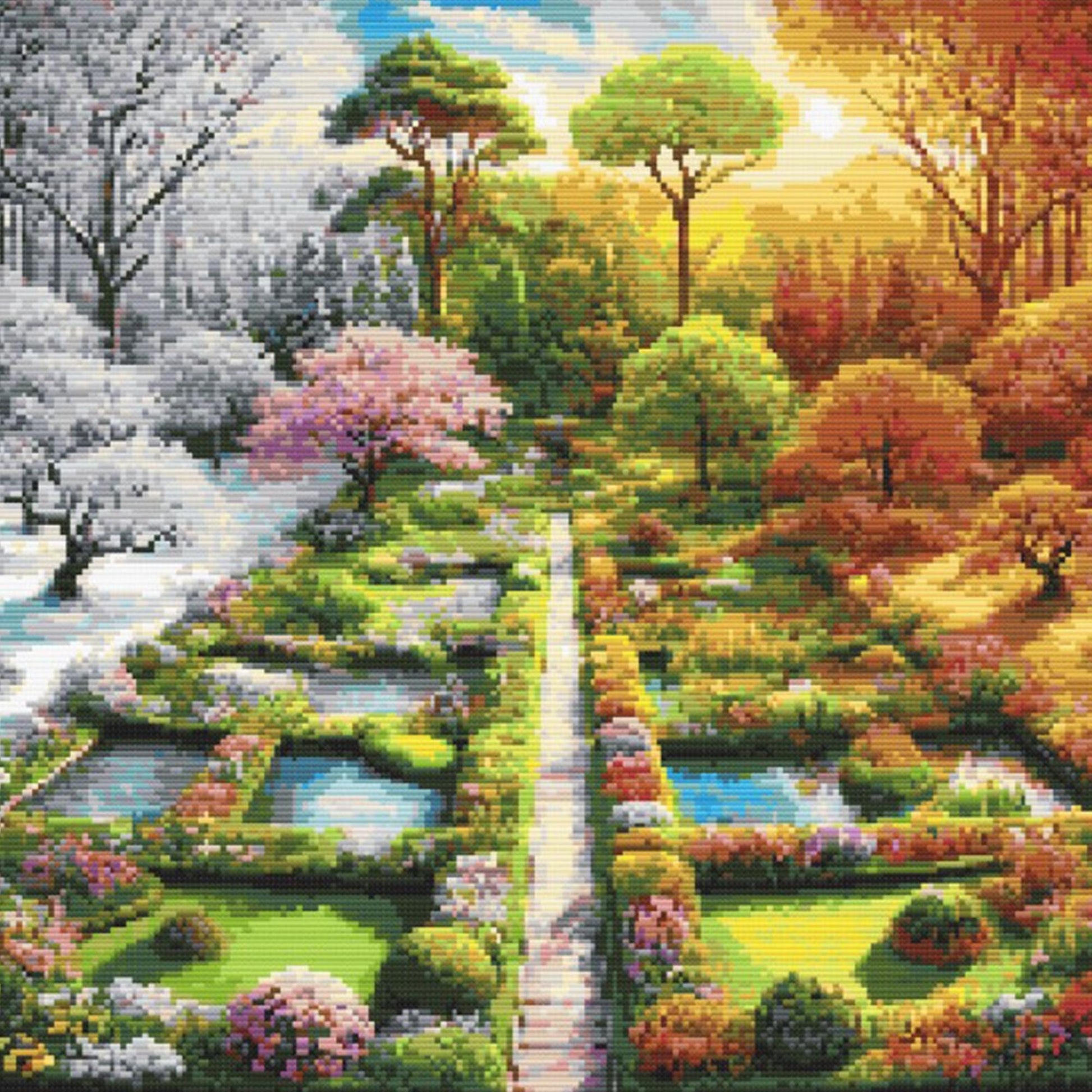 Four Seasons Garden Cross Stitch Pattern featuring a formal garden divided into seasonal sections with flowers, trees, paths, and colourful landscape detail.