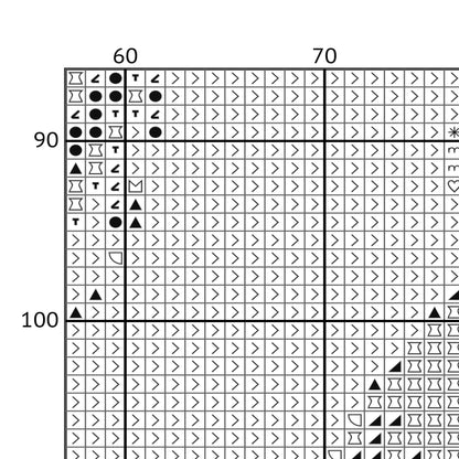 Cross stitch chart in black and white showing the symbols and measurments on the side.