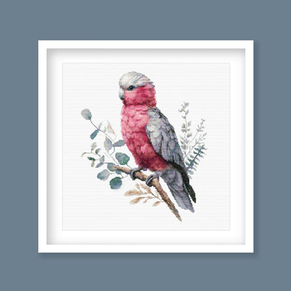 Galah Parrot Cross Stitch Pattern displayed in a blue frame with a native Australian bird design and soft watercolour-style detail.