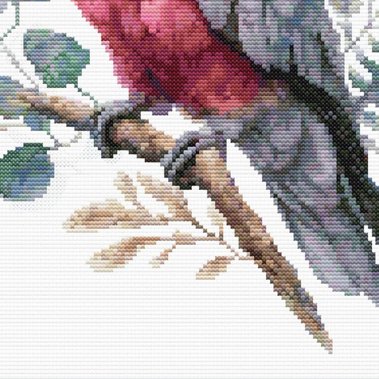 Close-up of Galah Parrot Cross Stitch Pattern showing the galah perched on a branch with eucalyptus leaves, pink feathers, and Australian bird detail.