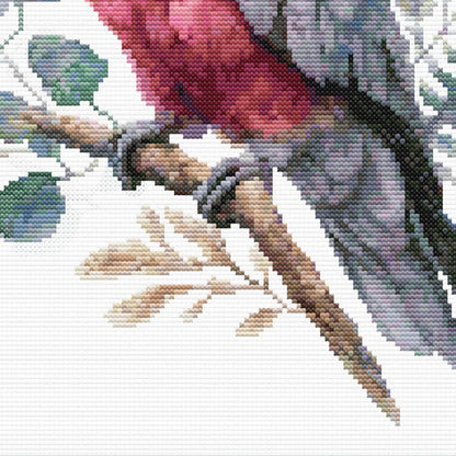 Close-up of Galah Parrot Cross Stitch Pattern showing the galah perched on a branch with eucalyptus leaves, pink feathers, and Australian bird detail.